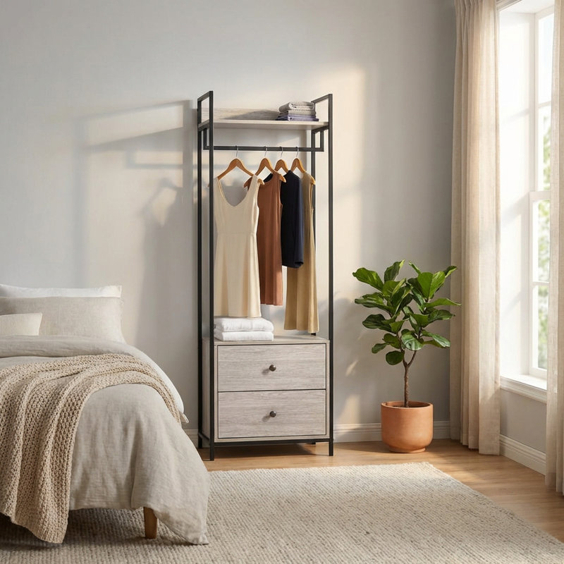 Alva Open Wardrobe with 2 Drawers, Grey Oak