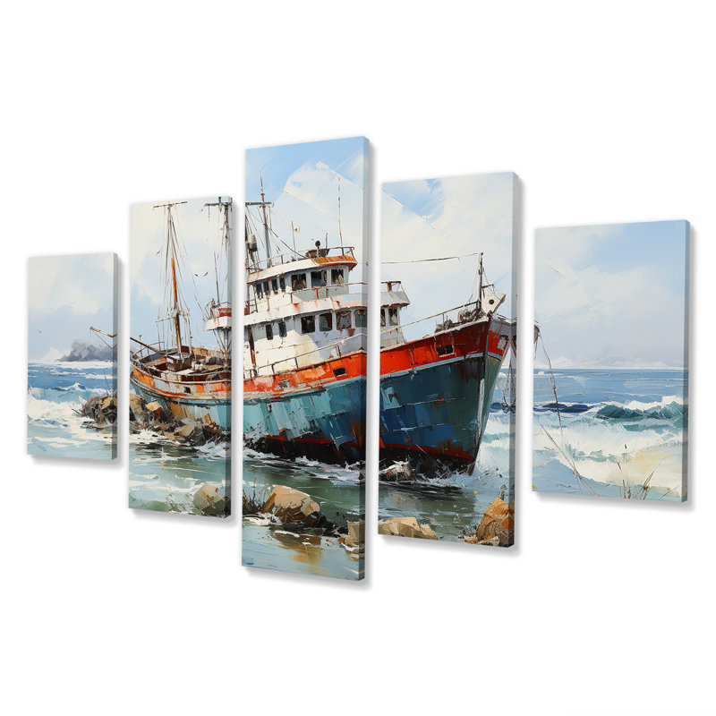 Nautique, bateau, pêche, aventure - Bateau côtier, ensemble de décorations murales multiples