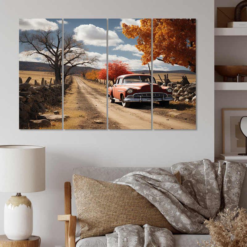 Vintage Car Road Lost In Time II - décoration murale transport - 4 panneaux