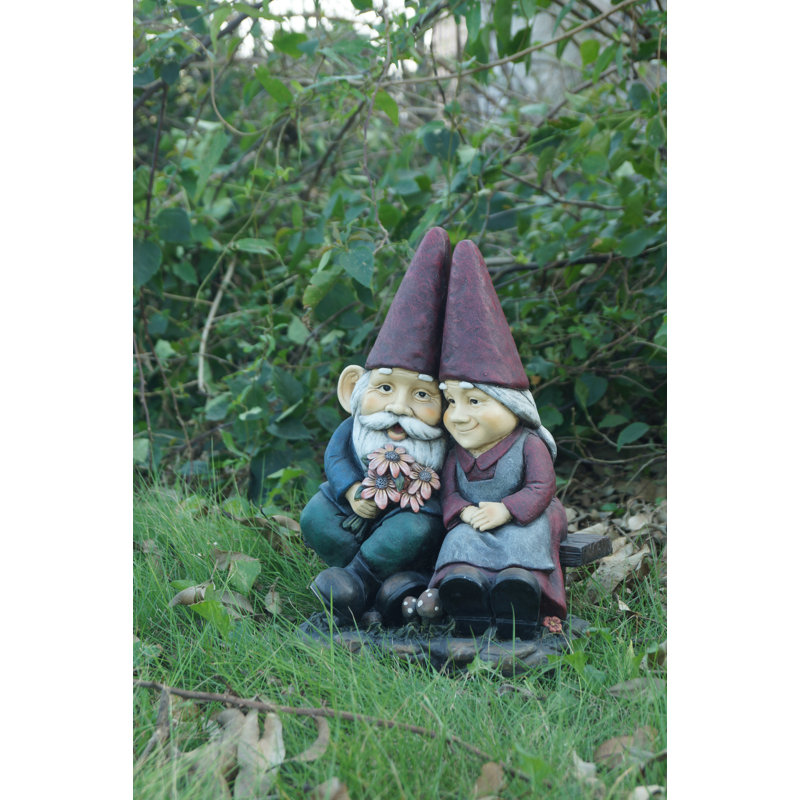 Gnome Old Couple On Bench Statue