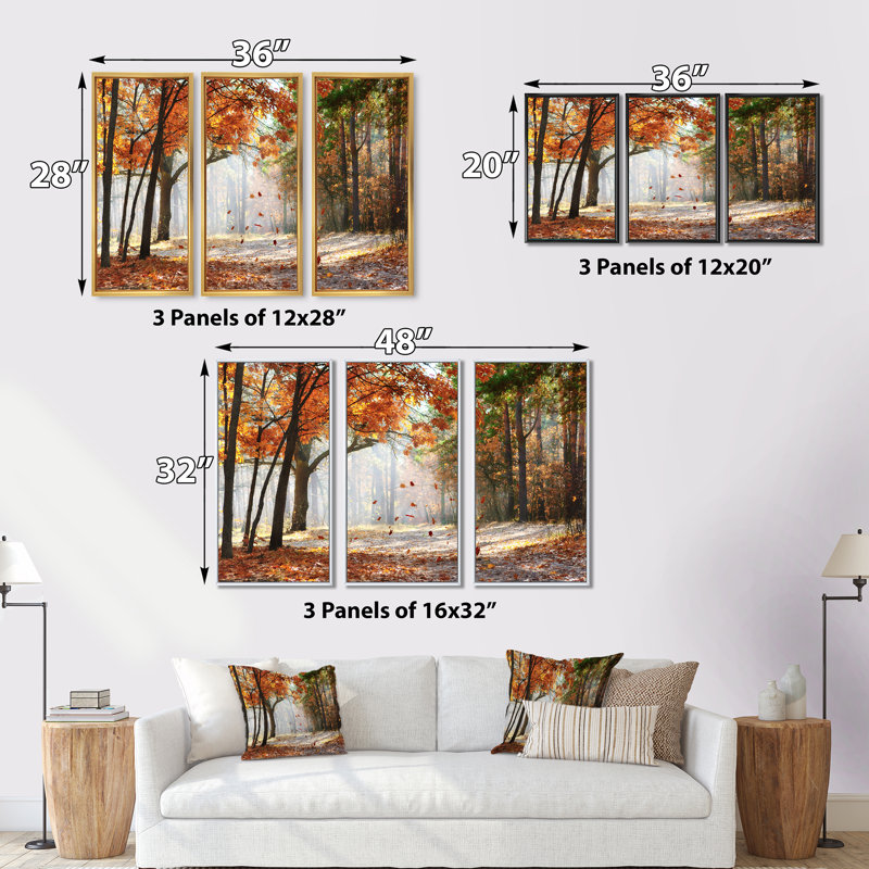 «Red Autumn Trees in the Af après-midi», reproduction sur toile flottante 3 pièces, Cadre noir, H 28 po x l 36 po