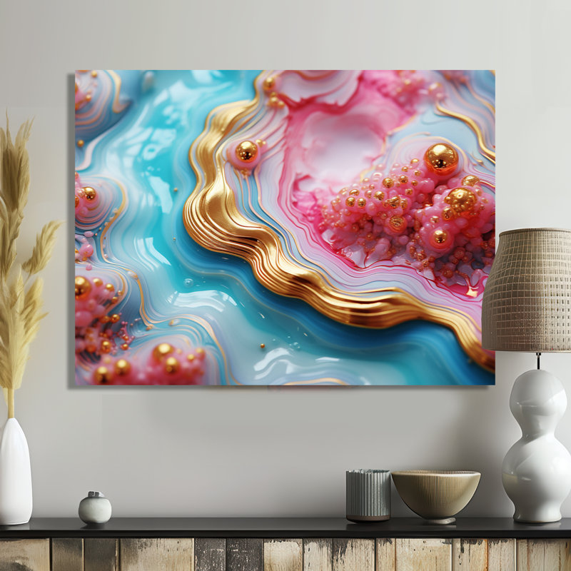 Art mural Radiant Ocean Agate Turquoise - marbre, Toile tendue, H 16 po x l 32 po