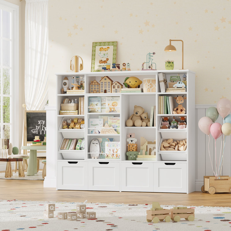 55.1"W Standard Bookcase With Sliding Bookshelf, 47.4"H Bookshelves With 4 Removable Drawers And Plastic Bins For Kids Room, Playroom, Kindergarten, White