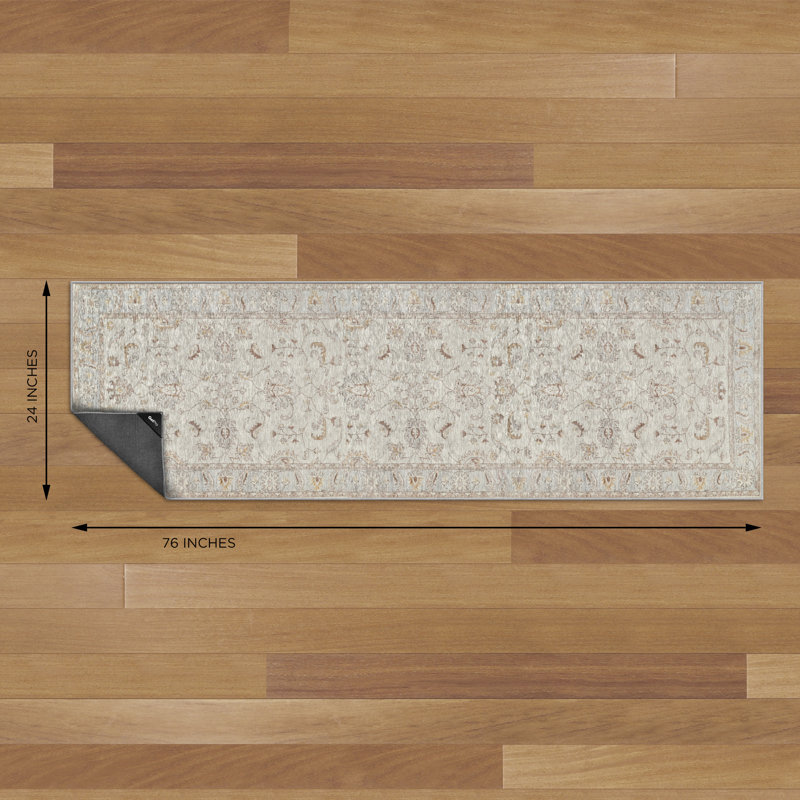 Tapis traditionnel gris avoine lavable à la machine NeverMove, Tapis de couloir 2 pi x 6 pi 3 po