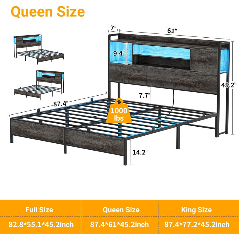 Longan Bed Frame with Reversible Storage Bookcase Headboard, Charging Station and LED Light, Black Oak, Queen