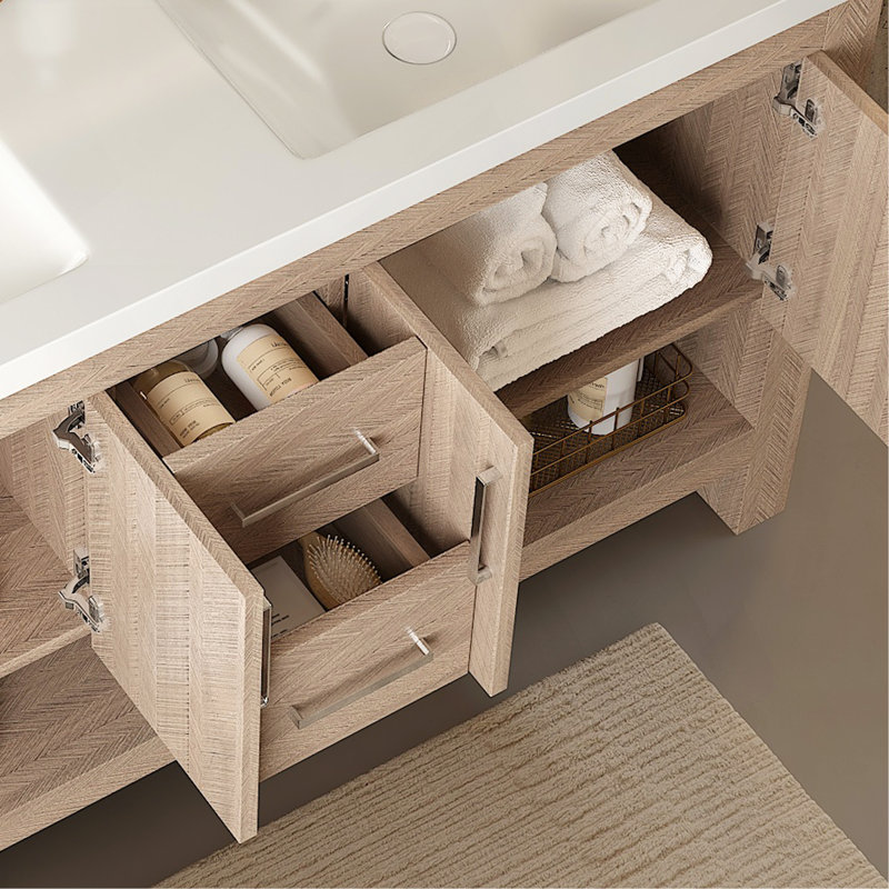 Meuble-lavabo autoportant en contreplaqué avec 2 tiroirs, 4 portes et une tablette ouverte, lavabo intégré en acrylique sans robinet, couleur de grain de bois chêne clair LUCCI