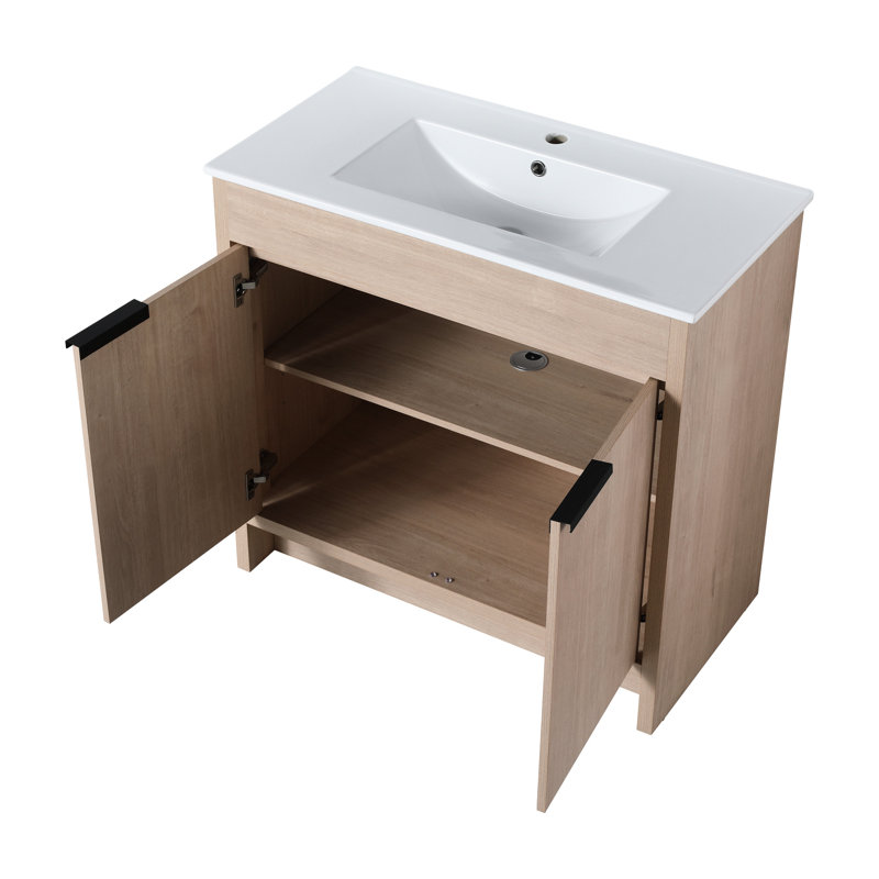 Meuble-lavabo de 36 po de style autoportant, chêne brut, 2 portes à fermeture douce, tablette réglable, poignées en métal modernes