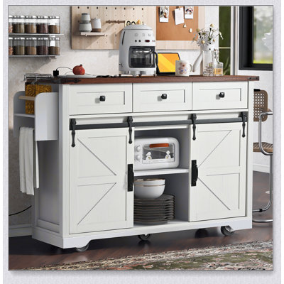 53.7 Inch Farmhouse Kitchen Island with Power Outlet, Sliding Barn Doors, and Drop Leaf for Versatile Storage and Convenience