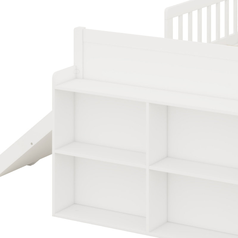Platform Bed with Guardrail, Storage Shelf, Slide and Ladder for Kids, White