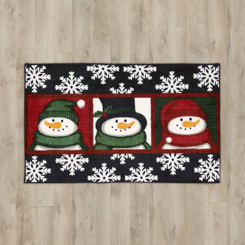 Tapis noir 3 visages de bonhomme de neige, Rectangle 1 pi 10 po x 3 pi