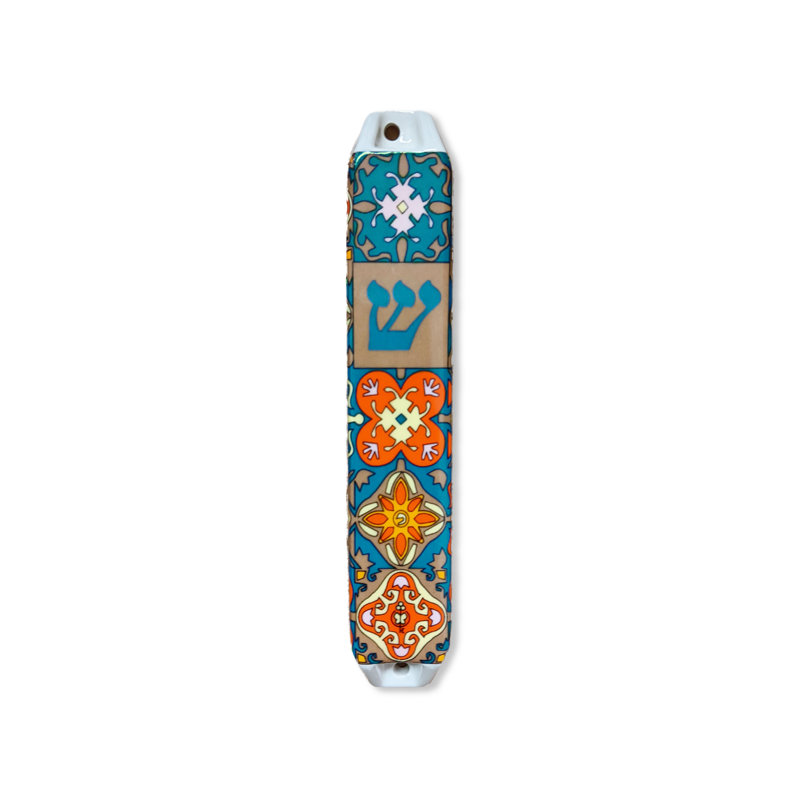 Mezouza en céramique, Bleu foncé / orange / gris