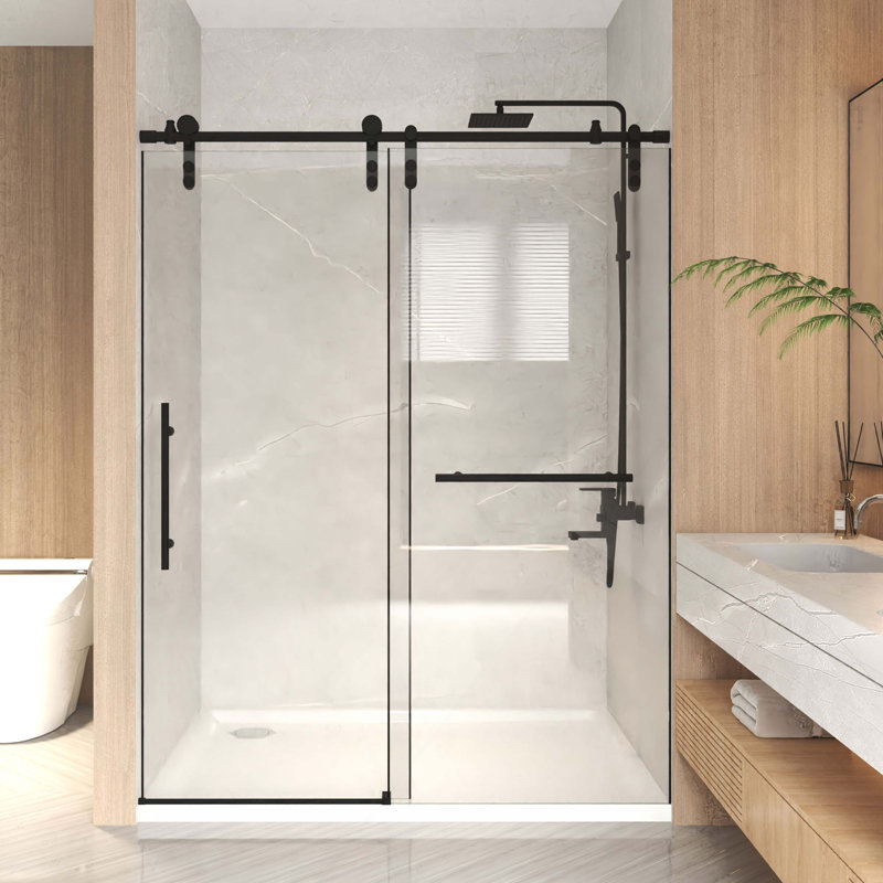 56-60" X 76" H Frameless Sliding  Shower Door, 5/16" (8Mm) Clear Tempered Glass, Stainless Steel Frame, Matte Black