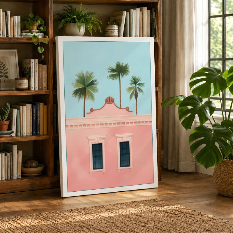 Pink Building in Palms Tropical - Wrapped Canvas, 18x12 - 45.7 x 30.5 cm, Cream Border