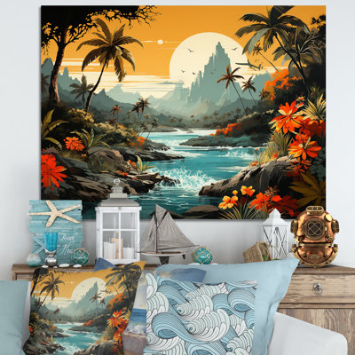 «Vintage Tropical Coastline Paradise II», art mural bord de mer tropical