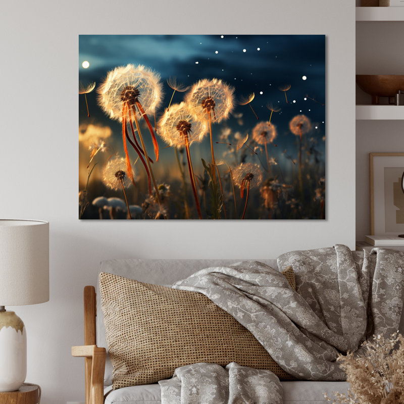 Sunset Dandelion Field IV - Floral Metal Wall Art Living Room, 12" H x 20" W x 1" D
