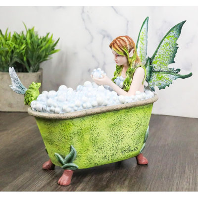 Whimsical Green Fairy Bathing In Tub With Pixie Frog Figurine By Amy Brown