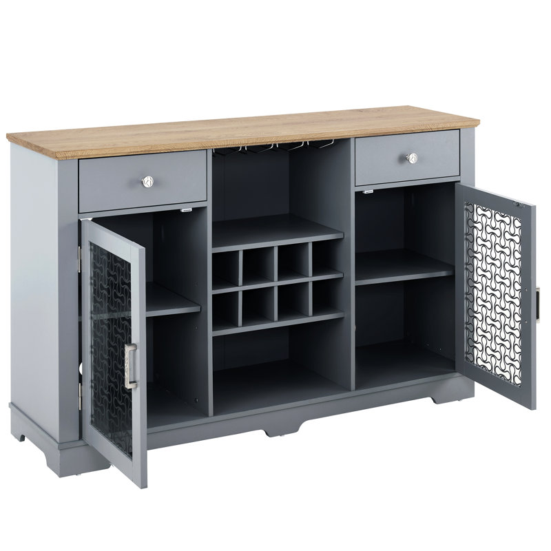Buffet, 2 tiroirs, porte-bouteilles de vin et de verre, armoires à portes élégantes, salle à manger de cuisine, buffet bleu / chêne, attrait et chêne bleu