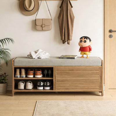 Banc à chaussures avec rangement et coussin, banc de rangement à volets vieillis avec charme rétro pour le salon, vestibule (blanc délavé)
