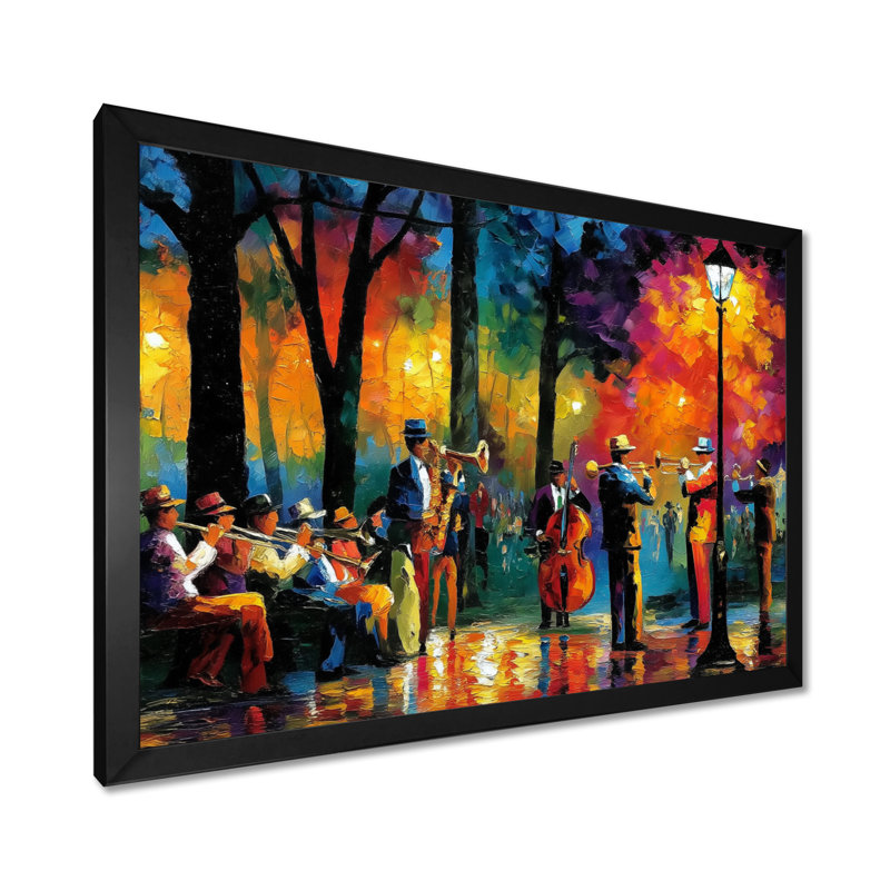 Outdoor Jazz Music In Paris - Music Jazz Wall Art, Yellow Vintage Canvas Print, Single Picture Framed, 30" H x 40" W, Black
