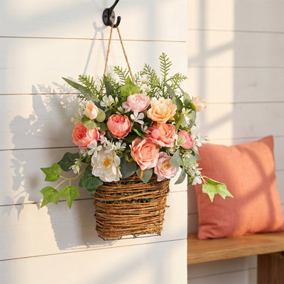 Basket Wreaths for Front Door, Spring Summer Door Hanging Baskets Artificial Flower Wreath for Home Farmhouse Seasonal Holiday Rustic Ornament Decor