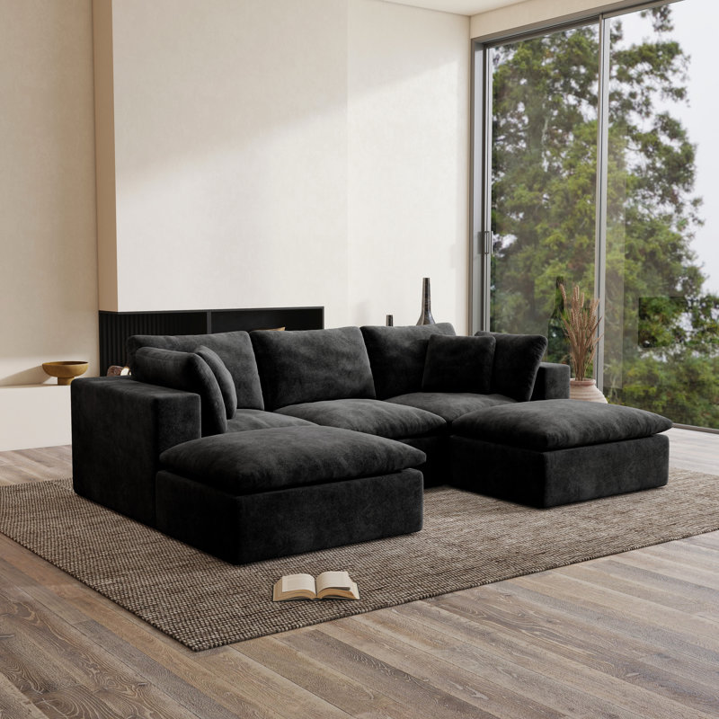 Kreyton 108" Cloud Compression Sectional Sofa, No-Assembly Sectional Couch, Black Chenille, Black Chenille