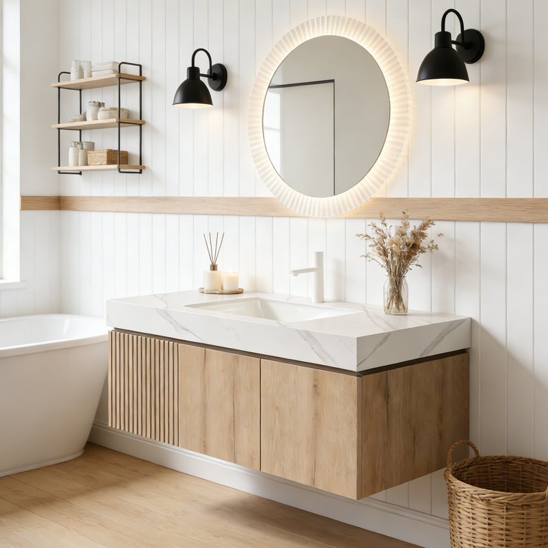 Meuble-lavabo flottant avec espace de rangement multifonctionnel et trou de robinet simple, Chêne blanc