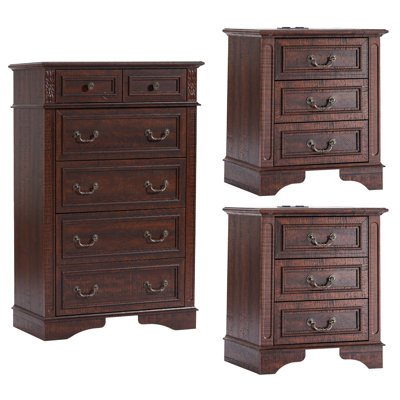 Ensemble de chambre à coucher 3 pièces - commode 6 tiroirs et 2 tables de chevet