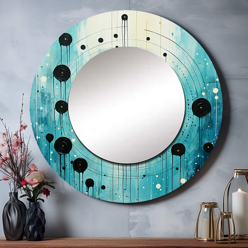 Sarcelle et noir Minimalisme lune III - miroir unique minimaliste, grand miroir mural rond moderne, impression d'art en métal