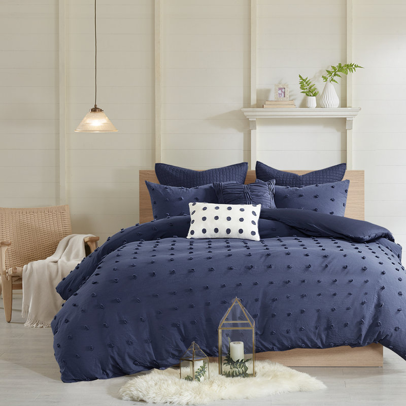 Indigo Blue Cotton Jacquard Full/Queen Duvet Cover Set with Shams and Pillows