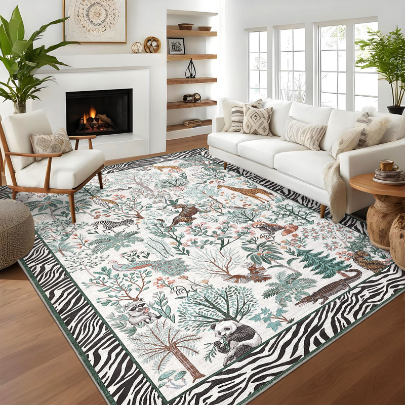 Tapis de salon pour animaux lavable Jungle, Rectangulaire 8 pi x 10 pi, Blanc cassé