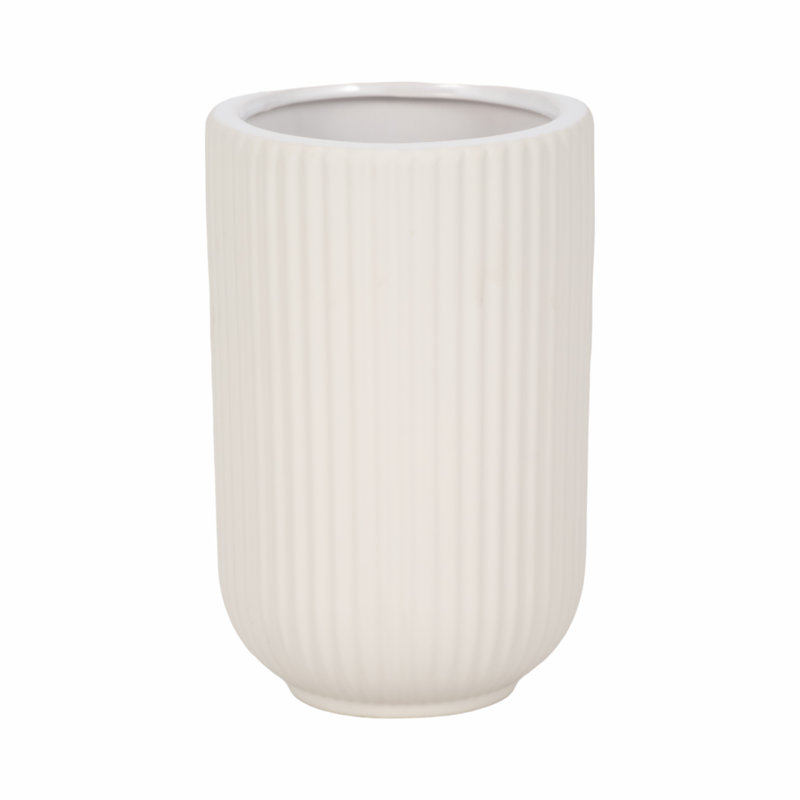 Zed Ribbed Ceramic Handcrafted Watertight Table Vase, 7" H x 5" W x 5" D, White