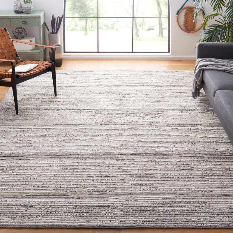 Tapis abstrait en laine / coton tissé à la main Laniyia en gris / ivoire, Rectangle 8 pi x 10 pi