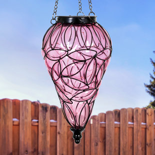 Lanterne suspendue en forme de larme solaire en verre et en métal avec 15 guirlandes de lumières DEL blanc froid Exhart, 7 x 24 po Exhart