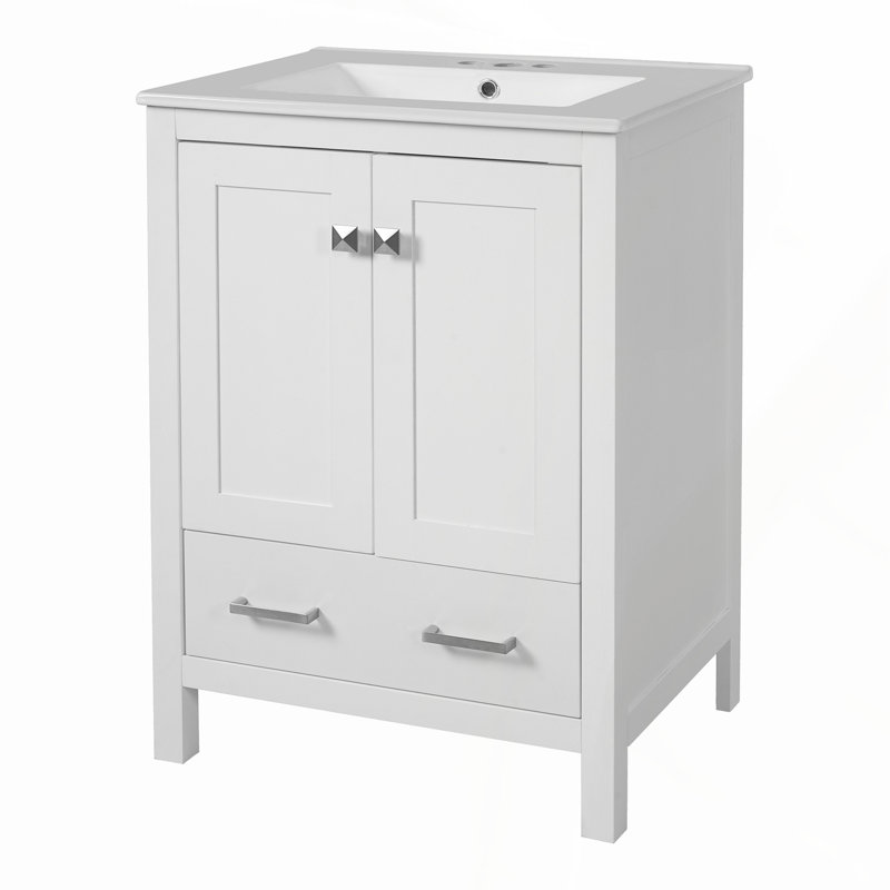 Meuble-lavabo compact de 24 pouces avec lavabo encastré, portes à fermeture en douceur et solutions de rangement polyvalentes pour les salles de bain modernes.