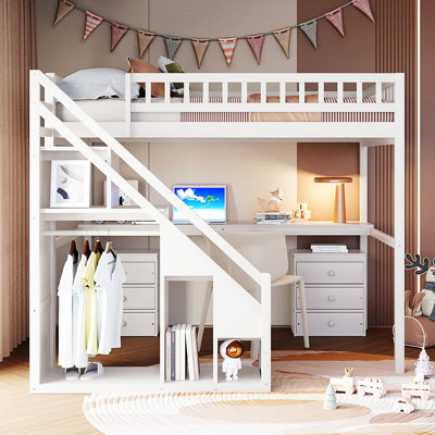 Lit mezzanine simple avec deux commodes, bureau et bande lumineuse