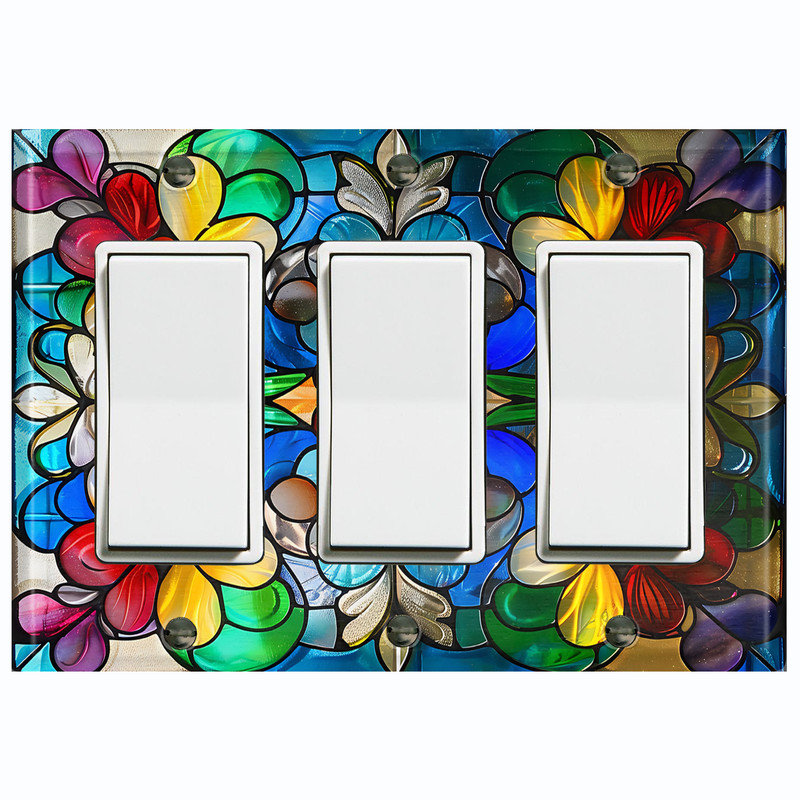 Plaque d'interrupteur en métal ; interrupteur à bascule GFI de taille standard américaine ; motif floral imprimé en vitrail