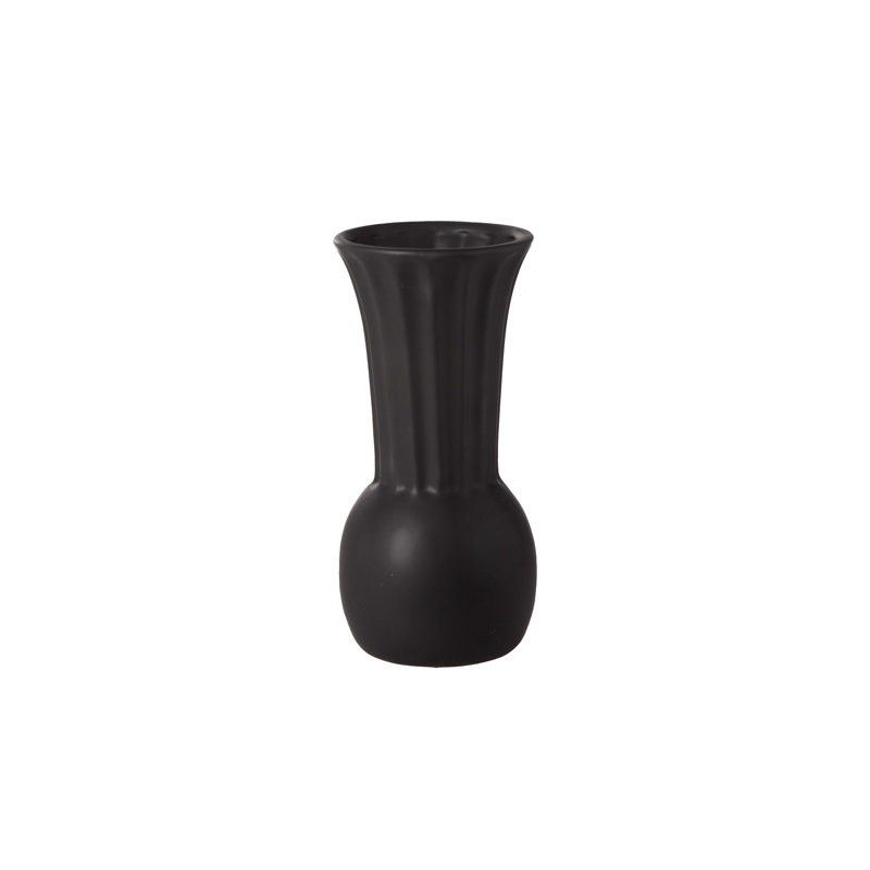 Ceramic Round Bellied Vase with Trumpet Mouth in Embossed Column Design LG Matte Finish Black.., 5" H x 5" W x 10.25" D