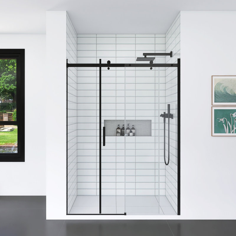 Double porte de douche coulissante en verre trempé avec poignée en acier inoxydable