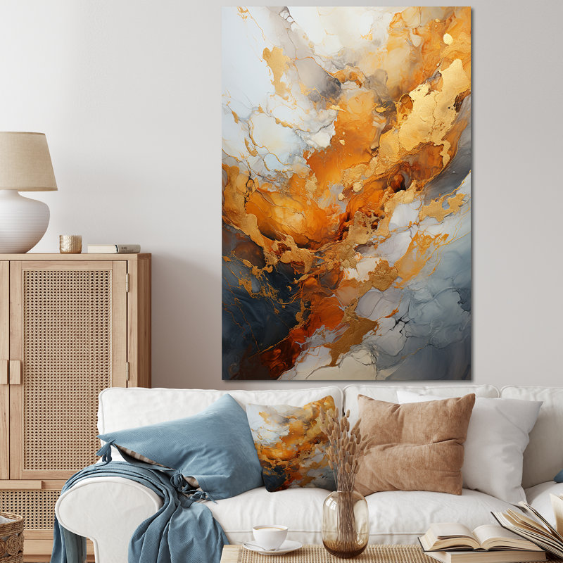 Art mural doré et blanc Geode Lava III, Toile tendue, 44" H x 34" W