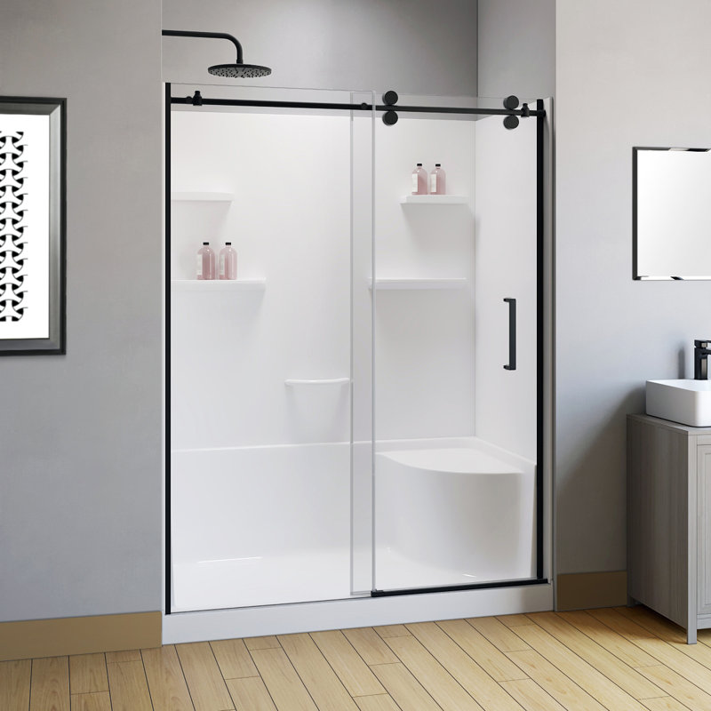 Carlyn 76" L X 60" W X 32" H Rectangle Shower Kit With Integrated Seat And Shelves, Left, Black
