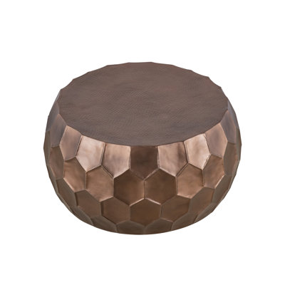 32" Aluminum Round Coffee Table With Glossy Diamond - Base, Hand Hammered Design, Antique Copper Finish, Ample Space For Decor Items Hexagonal Easy To Use In Home