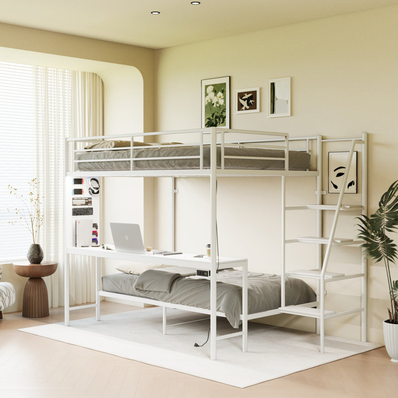 Full Size Bunk Bed with Twin Size Upper, LED Lights and USB Charging Socket, White, White