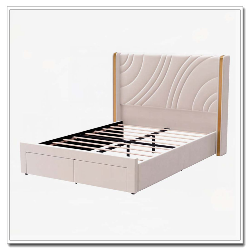 Structure de lit tapissier en velours avec tiroirs de rangement à DEL, Beige, Lit double