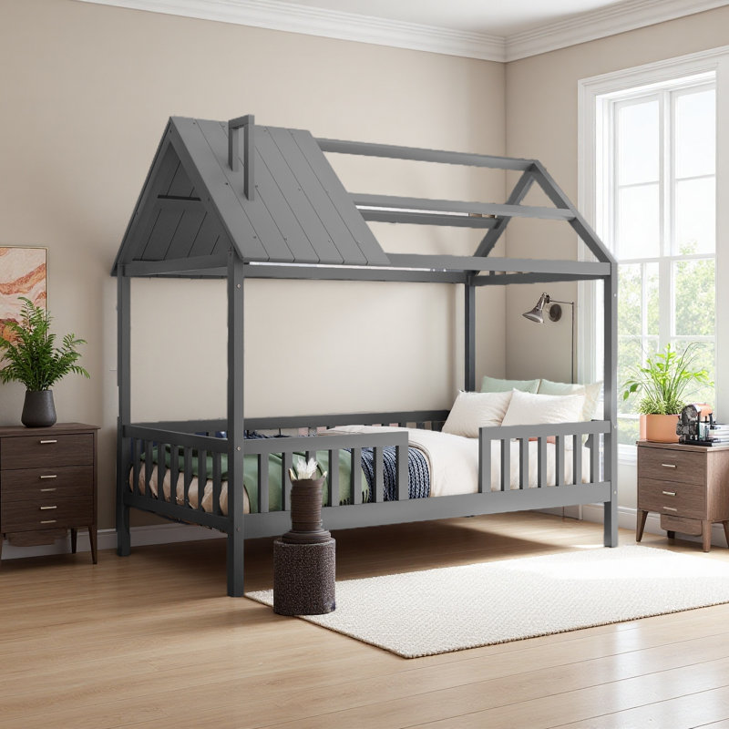 Lit simple en bois avec clôture, Gris