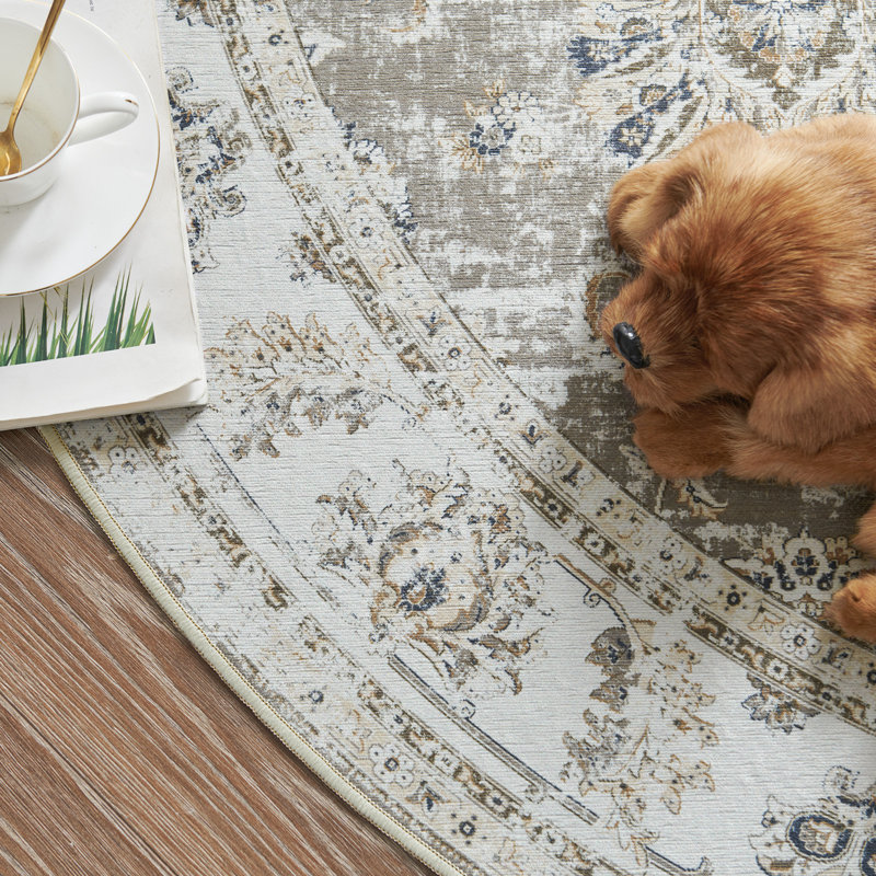 Tapis oriental lavable en chenille avec envers antidérapant pour salon , Taupe délavé, Rond 5 pi