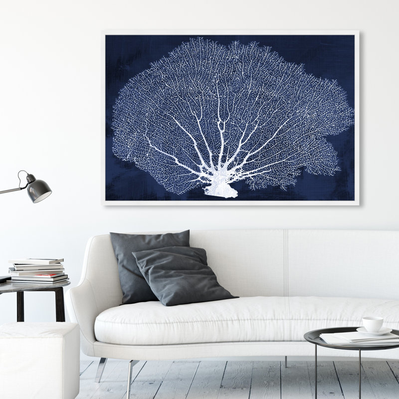 «Nautical and Coastal Coral Fan», impression d'art graphique sur papier, H 42 po x l 62 po x P 0,5 po, Cadre blanc
