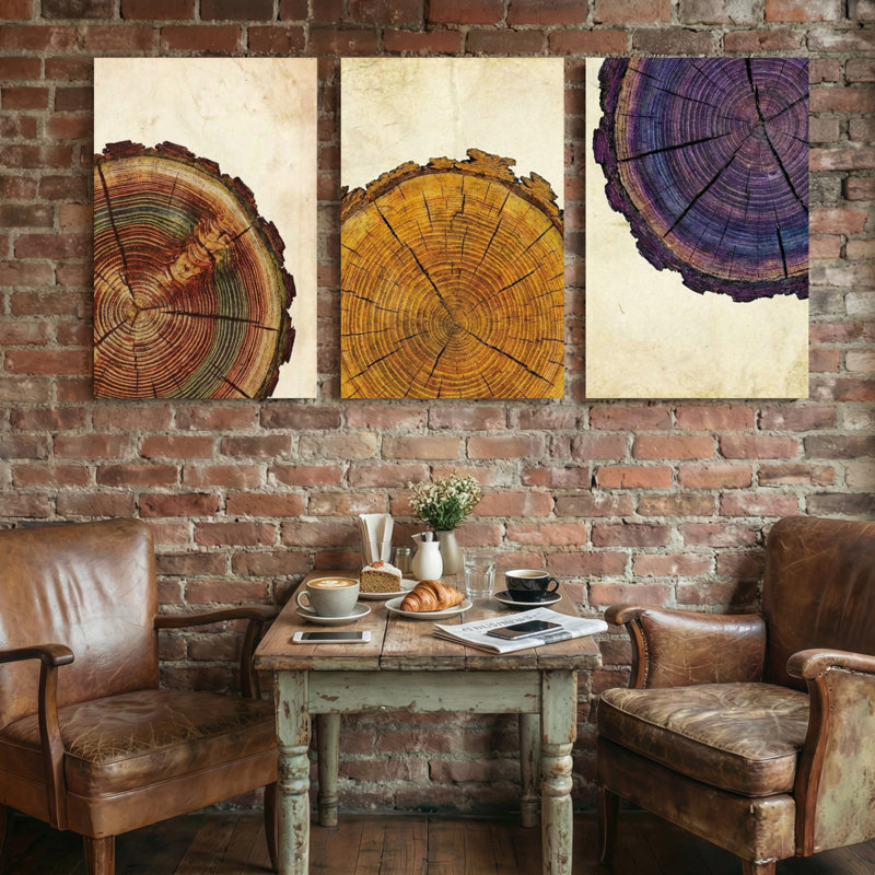 Plantes et fleurs anneaux d'arbre, ensemble de 3 impressions sur toile, H 36 po x l 72 po