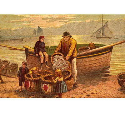 " Fisherman Dumps Fish Into Baskets As Children Watch " by Kronheim And Dalziels
