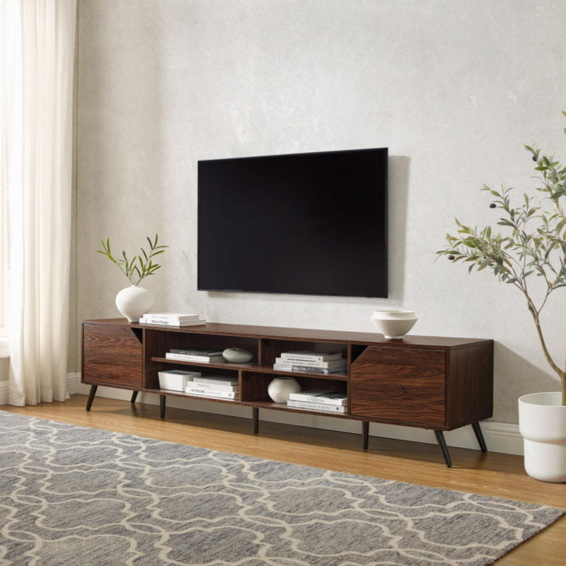 Meuble télé minimaliste à 2 portes avec rangement ouvert, L 80 po, Noyer foncé