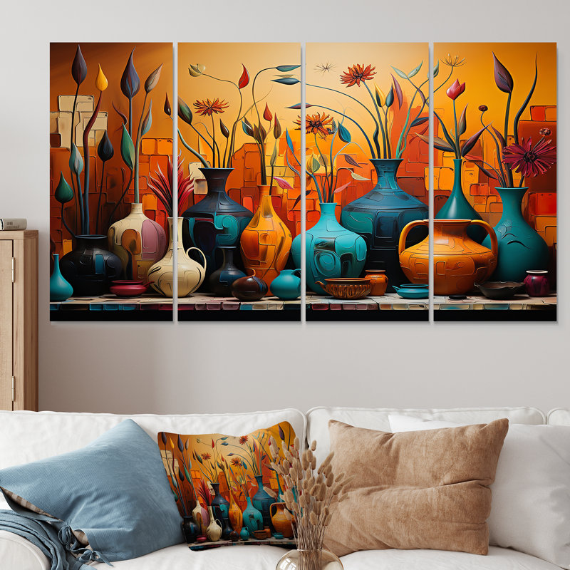Orange Boho Pottery Expressions I - Boho Pottery, art mural 4 pièces, H 28 po x l 48 po